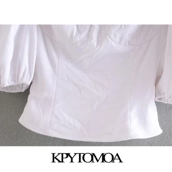 KPYTOMOA Ženske 2020 Sweet Modni Nazaj Elastična Zadrgo Odrezana Vintage Bluze Kvadratnih Ovratnik Puff Rokavi Ženske Majice Elegantna Vrhovi