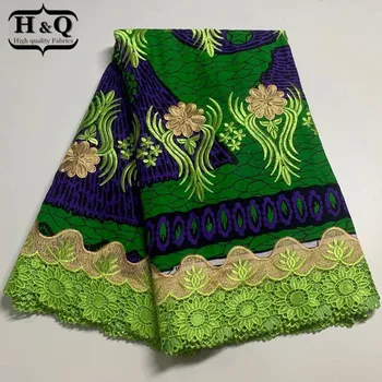 H&Q 6 metrov visoke kakovosti zelenih vezenje nigerijski guipure čipko vodi topen z afriškimi batik vezalke bombaž vosek tkanin