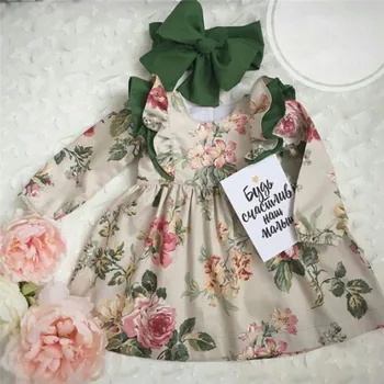 2PCS Srčkan Malčke Baby Dekleta Oblačenja Ruffles Cvetlični Dolg Rokav Princesa Obleko Stranka Pageant Obleke Otroci Oblačila