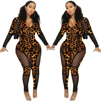 Dolg Rokav Leopard Tiskanja Jumpsuit V Vratu Skinny Skinny igralne obleke Ženske Vidijo Skozi combinaison femme Modni Kombinezoni 2020