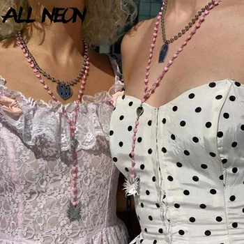 ALLNeon Y2K Estetike Roza Srce Dolgo Ogrlico Pastelnih Goth iz Nerjavečega Jekla Pajek Nakit Vintage E-dekle Verige Elegantna Ogrlica