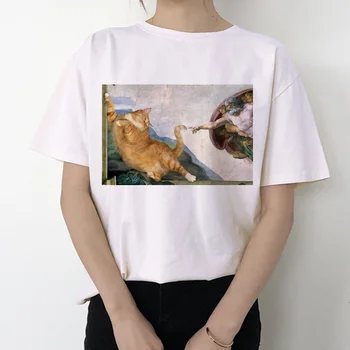 Mačka, smešne ženske t shirt 2019 Michelangelo korejski kawaii ulzzang tshirt ženske Grafični Kratek Rokav t-shirt tiskanje O-vratu moda