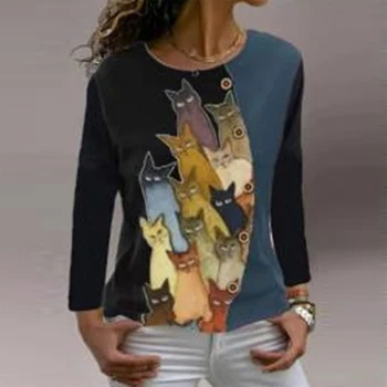 Ženske Priložnostne Mačke Tiskanja Bluze Majica 2020 Jeseni Mozaik Dolgimi Rokavi Pulover Vrhovi Dame Pozimi Elegantno O-Vratu Gumb Blusa