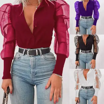 Moda Novo 2019 Žensk Proti-Vrat Bluze Til Ruffle Dolgo Puff Sleeve Solid Majica Lady Majice Vse-Ujemanje Jeseni Ženske Vrhovi
