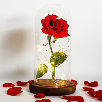 VROČA Lepotica In Zver pozlačeno Rdeče Vrtnice Z LED Luči V Stekleno Kupolo, Za svate, Valentinovo, materinski Dan Darilo