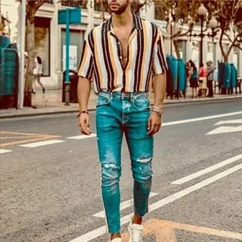 Moda za moške Kratke Rokav Redno Fit Gumb Navzdol Rokavi Priložnostne Vertikalnih Črtasto Majico Mens Hip Hop Priložnostne Kratek Rokav Vrhovi