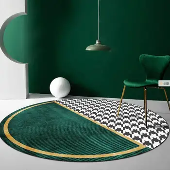 Nordijska minimalističen povzetek zelenega zlata houndstooth dnevna soba, spalnica nedrseča talna obloga preprogo, viseče košare stol, blazine