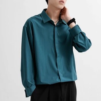 Korejski Modi Nove Zavesa Srajce za Moške Barva Dolg Rokav Ledu Svile Smart Casual Udobno Gumb Gor Majico