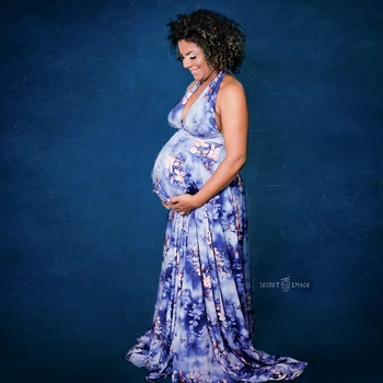 Modra Cvetlični Porodniškega Fotografija Prop Stretchy Stranke Obleke Proti-Vrat Nosečnosti Obleke Maxi Condole Pasu Baby Tuš Kostum