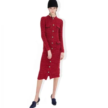Luksuzni Božič Ženske Rdeč Pulover Obleko 2020 Jeseni, Pozimi Vzletno-Pristajalne Steze Eno Zapenjanje Z Zadrgo Midi Dolgo Pleteno Obleko Bodycon