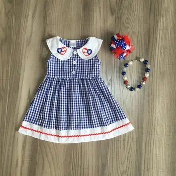 Baby dekleta 4. julij obleko dekleta, tkani obleko dekleta kariran obleko z dodatki