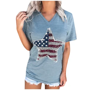 Moda za Ženske Priložnostne Star Natisni T-Shirt Pentagram ZDA je Dan Neodvisnosti Element Tiskanja Vrhovi Proti-Vrat Kratek Rokav Svoboden tshirt ženske