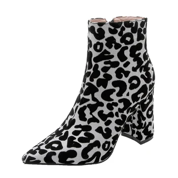 Moda Leopard Gleženj Škornji Ženske Umetno Usnje Kvadratnih Visoke Pete, Škornji Konicami Prstov Zadrgo, Jeseni, Pozimi, Ženska, Čevlji Bela