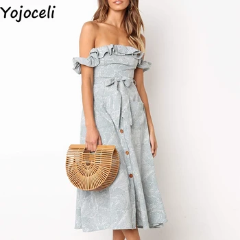 Yojoceli Elegantno off ramenski tiskanja ruffle dolgo obleko Poletje ženske sashes plaža obleko Gumb priložnostne stranka obleko ženski vestidos