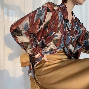 Mazefeng 2020 Novo Vintage Svoboden Tisk Majice za Ženske Enotni-zapenjanje Ženske Vrhovi in Bluze Geometrijske Ženski Blusas Mujer De Moda