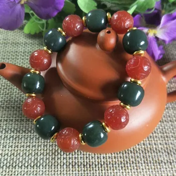 Naravni Hetian Jade in Rdeče Agate Fret Kroglice Jade Zapestnica Nakit Srečen Ugoden Amulet Fine Nakit Zapestnica Jade