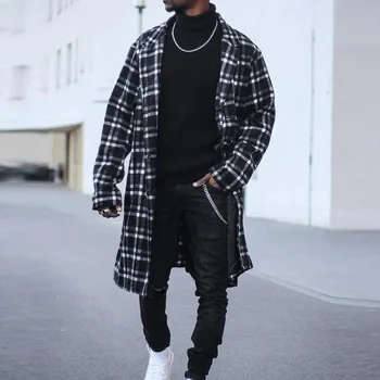 Moški Volnene Dolg Plašč Moda Mid-Dolžina Black Plaid Fashion Turndown Ovratnik Poslovnež Priložnostne Suknji Plus Velikost 3XL