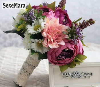 SexeMara Vijolično Nevesta Poročni Šopek Svile Cvetja s Trakom Ročno izdelane Poročne Šopke Ramos