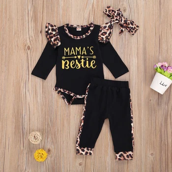 Za malčke Baby Dekleta Leopard Vzorec Obleke Jeseni Pismo Tiskanja Obleka, Črne Hlače Bowknot Glavo 3Pcs Set