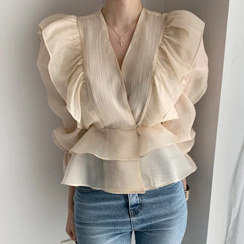 Pariz Dekle Korejski Retro Chic Proti-Vrat Šivanje Ogrlicom Šifon Shirt Design Občutek Pasu Hujšanje Mehurček Sleeve Majica