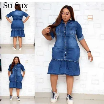 Priložnostne Jean Obleke Za Ženske Bodycon Plus Velikost Jeansa Obleko 4XL (Zavoj navzdol Ovratnik Ruffles Obleko Haljo Vestidos 2020 XL-4XL