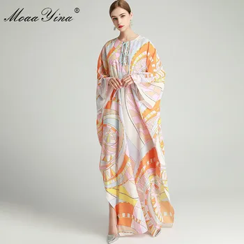 MoaaYina Modni Oblikovalec obleko Pomlad Jesen Ženske noše Batwing Rokav Geometrijo Tisk Svoboden Maxi haljo Obleke