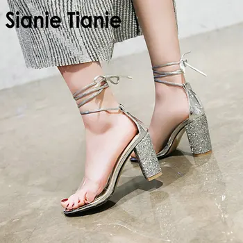 Sianie Tianie 2020 poletje PVC prozorni žele sandale srebrna bela bleščice blok visoke pete, gleženj prečni trak ženske sandali