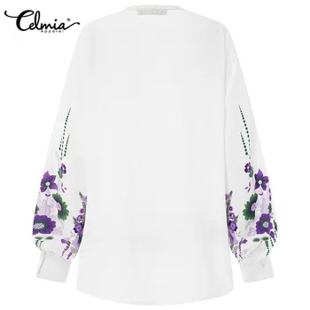 2021 Pomlad Ženske Majice Celmia Moda Long Sleeve Vintage Natisnjeni Bluze Jesensko O-vratu Priložnostne Svoboden Čipke Mozaik Vrhovi 7