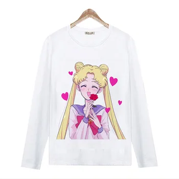 Japonski Srčkan Sailor Moon Anime Dolgo rokavi T-shirt Vrhovi Tees Usagi Tsukino Moški Ženske Unisex Risanka t srajce Krpo