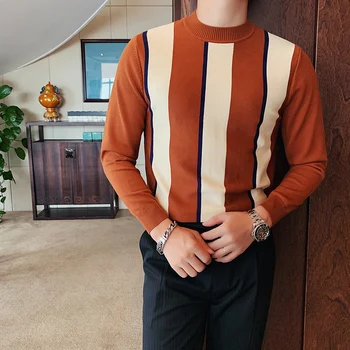 Britanski Stil Pozimi Navpične Črte Pulover Moških Modnih Oblačil 2021 Dolgimi Rokavi Moški Priložnostne Puloverji Slim Fit Moški Puloverji