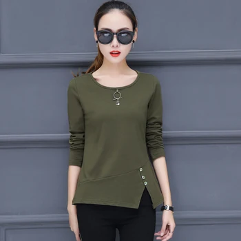 Pomlad Plus Velikost Dolgimi Rokavi Ženske O-vratu Bombaža T-shirt 2021 Jeseni Priložnostne Trdna Slim Blusas Urad Dama korejski Oblačila