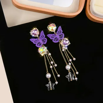 Nova moda Votle kovinske metulj sladko sijoče kristalno Srce uhani pogodbeno Dolge rese pearl Ženske Spusti elegantni uhani