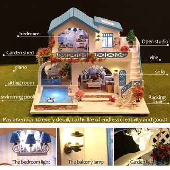 Lutka Hiša Diy Pohištvo z Bazenom Dekle Igrače za Otroke Lutke Miniature Dom Igrače, Lesene Hiše Romantično Darilo