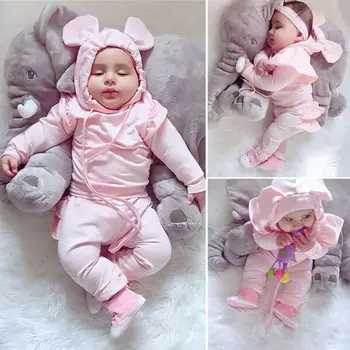 0-24M Srčkan Novorojenega Dojenčka Baby Dekle Oblačila, ki 3D Uho Hooded Majica s kratkimi rokavi + Ruffles Hlače Hlače Jeseni Baby Dekleta Kostumi
