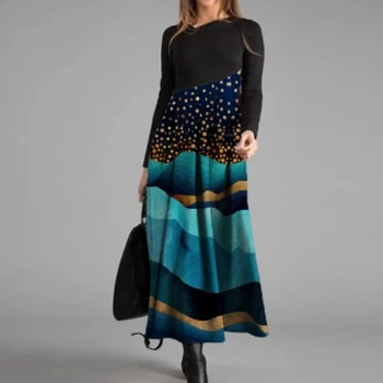 Elegantne Ženske Dolga Obleka Obraz Tiskanje Retro Priložnostne Naguban Slim Žensko Obleko 2021 Pomlad Moda Dolg Rokav Stranka Obleko Vestidos