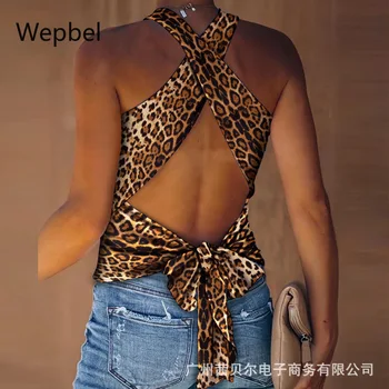 WEPBEL Bela Backless brez Rokavov Top brez Rokavov Backless Tshirt Povoj Priložnostne Vrhovi Fashion Majica Leopard, Tiskanje Seksi Tshirts