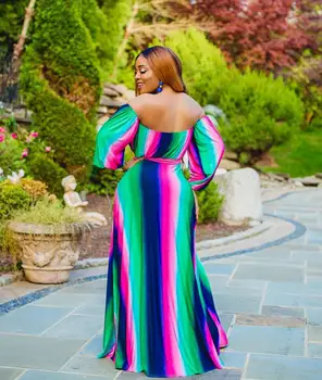 Off Ramenski Mavrica Trak Ženske Obleko Maxi Plus Velikost Afriške Barvo Čipke Priložnostne Plaže, Dolge Obleke Poletje Vestido