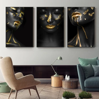 Lepo Zlato Črna Lady Zlati Platno Slikarstvo Moda Poster Tiskanje Za dnevno Sobo HD Wall Art Ins Doma Cuadros Decoracion