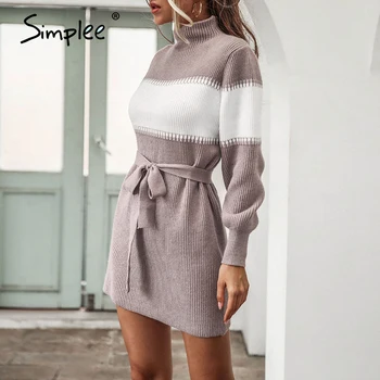 Simplee Moda trak pleteno obleko Čipke prijetni visoko vratu sežgati rokav obleka Jeseni toplo priložnostne kratka ženska obleka 2020 nova