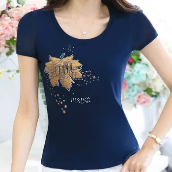 Hiawatha Ženske Slim Kratek Rokav T-Shirt 2020 Novo Mornarsko Modra Maple Leaf Diamond Vrhovi Poletje Priložnostne Slog, T Srajce TX119