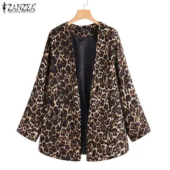 Znižuj Ovratnik Blazer Moda Leopard Natisnjeni Žensk Blazerji ZANZEA 2021 Priložnostne Dolg Rokav Coats Gospa, Ohlapne Jakne Outwear