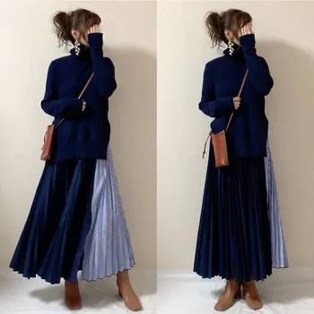 2020 Elegantno Puloverji Pleteni Obleki korejski Japonskem Slogu Ženske Pletenine Dolg Rokav Mozaik Maxi Obleko Femme Vestiods Nova