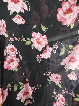 2018new 75D tiskanje šifon rose cvetje vzorec črno ozadje za oblačila tkanine in šal YH-4738