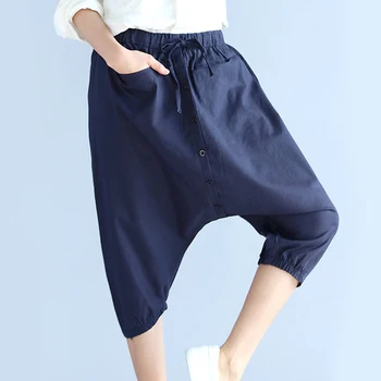 Velika velikost mednožje hlače tele-dolžina hlače svoboden priložnostne harem hlače vrvico hlače ženske bombaž perilo track hlače ženske