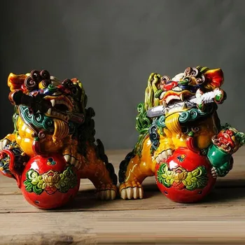 2Pcs/set Kitajski Stil Barve Pogumnih Vojakov Umetnosti Kiparstvo Keramika Srečni Lev Figurice Kip Feng Shui Doma Dekoracijo R4188