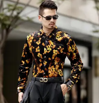 Luksuzni Moških je Pozimi Toplo Debele Majica Cvetlični Priložnostne Flanela Žametno Mehko Dolg Rokav Slim Moško Obleko Majice