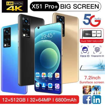 X51PRO+ 8+256GB 32+64MP 6800mAh 10 Jedro mobilnih Telefonov MT6595 Obraz ID Prstnih ID Dual SIM 7.2 Palca Velik Zaslon Pametnih Telefonov