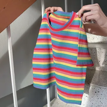 Poletje Nov Modni Priložnostne O Vratu Mavrica Prugasta Kratkimi Rokavi Pulover Obreži Zgoraj T-Shirt