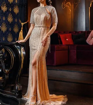 Kratke Rokave Stranka Obleke, Ženske Večerne Težka Beaded Šampanjec Dolgo Formalno Obleko Luksuzni Dubaj 2020