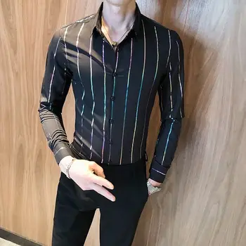 Korejski Moških Oblačil 2020 Jeseni Mens Mavrica Prugasta Vroče Žigosanje Majica Slim Majica Camisa Socialne Masculina Casual Moški Majica